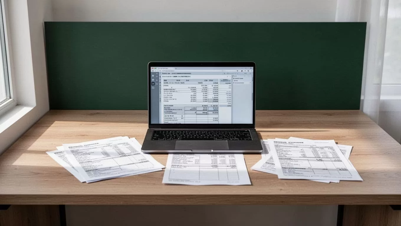A dark green band at the top highlights a headline above a clean desk with a laptop and financial notes.