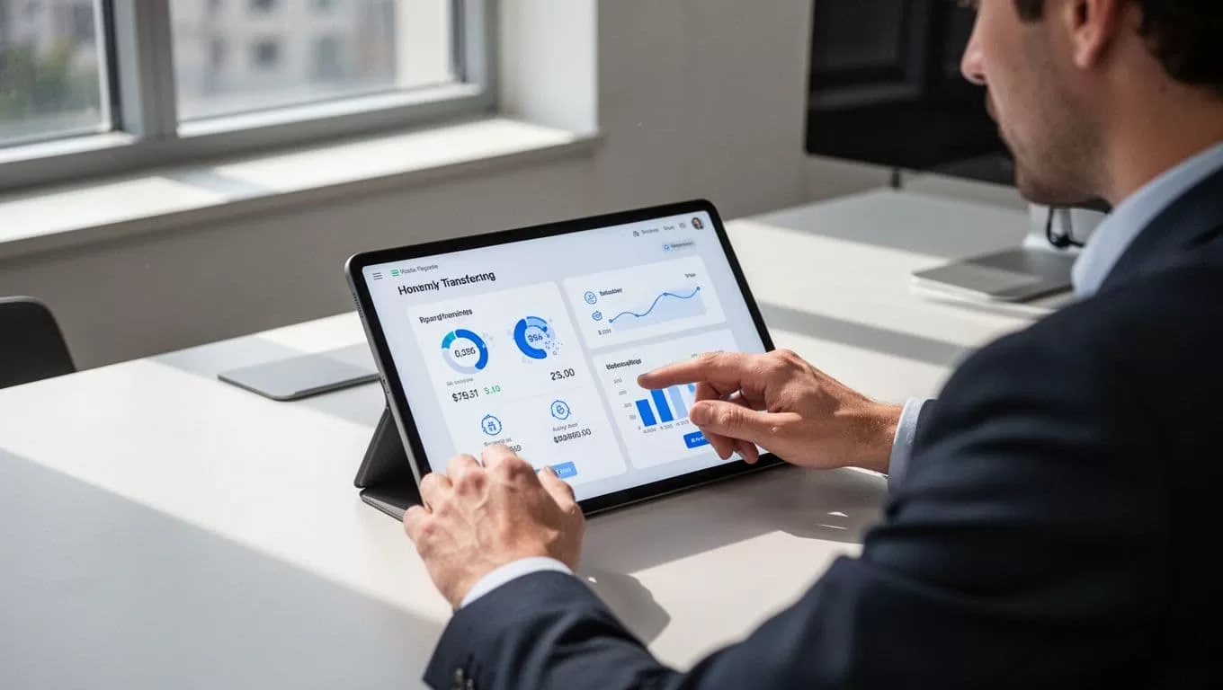 A person using a financial dashboard on a large screen at a desk.