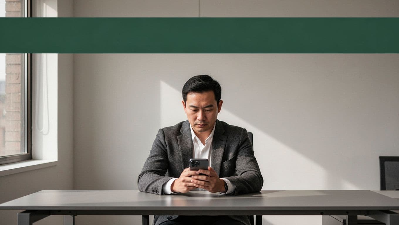 A minimalist editorial layout with a dark green header band and one central person.