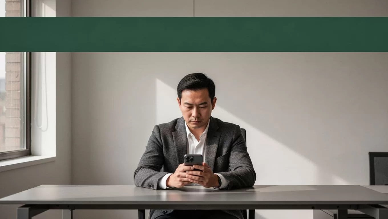 A minimalist editorial layout with a dark green header band and one central person.