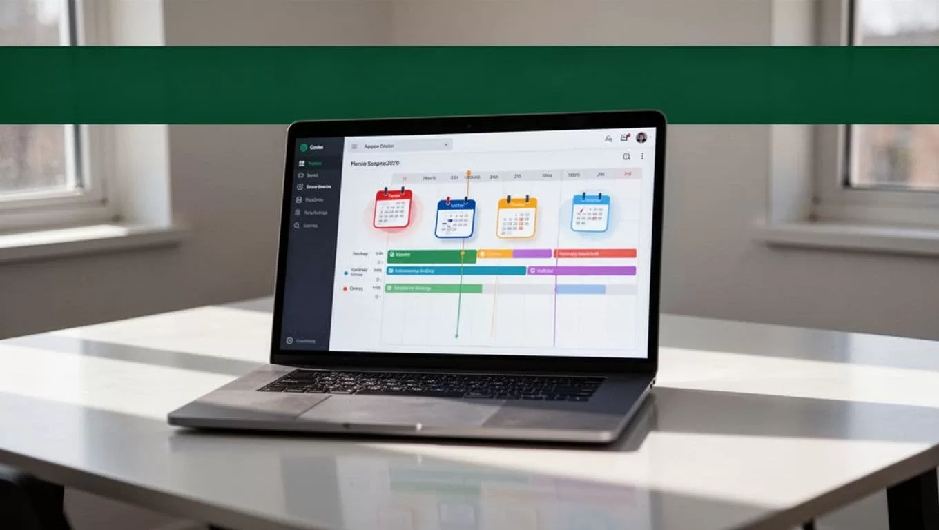 Laptop showing a social media scheduling dashboard beneath a dark green banner.