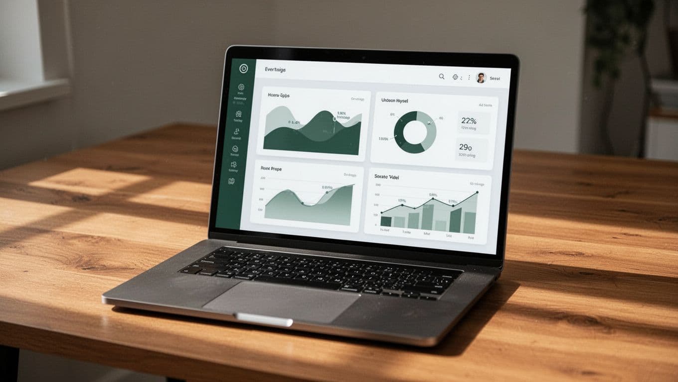 A laptop on a wooden desk displaying a software testing dashboard.