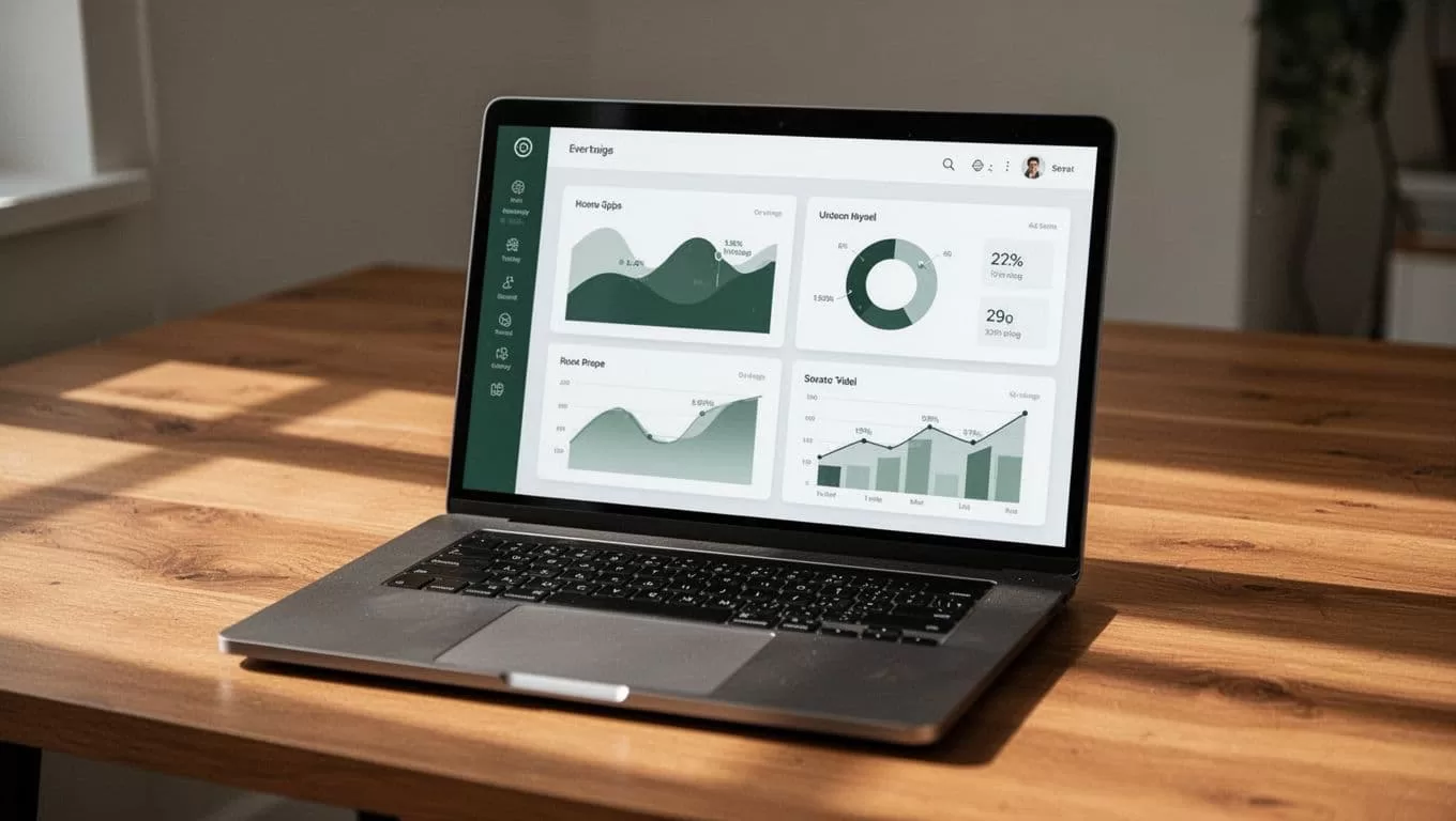 A laptop on a wooden desk displaying a software testing dashboard.