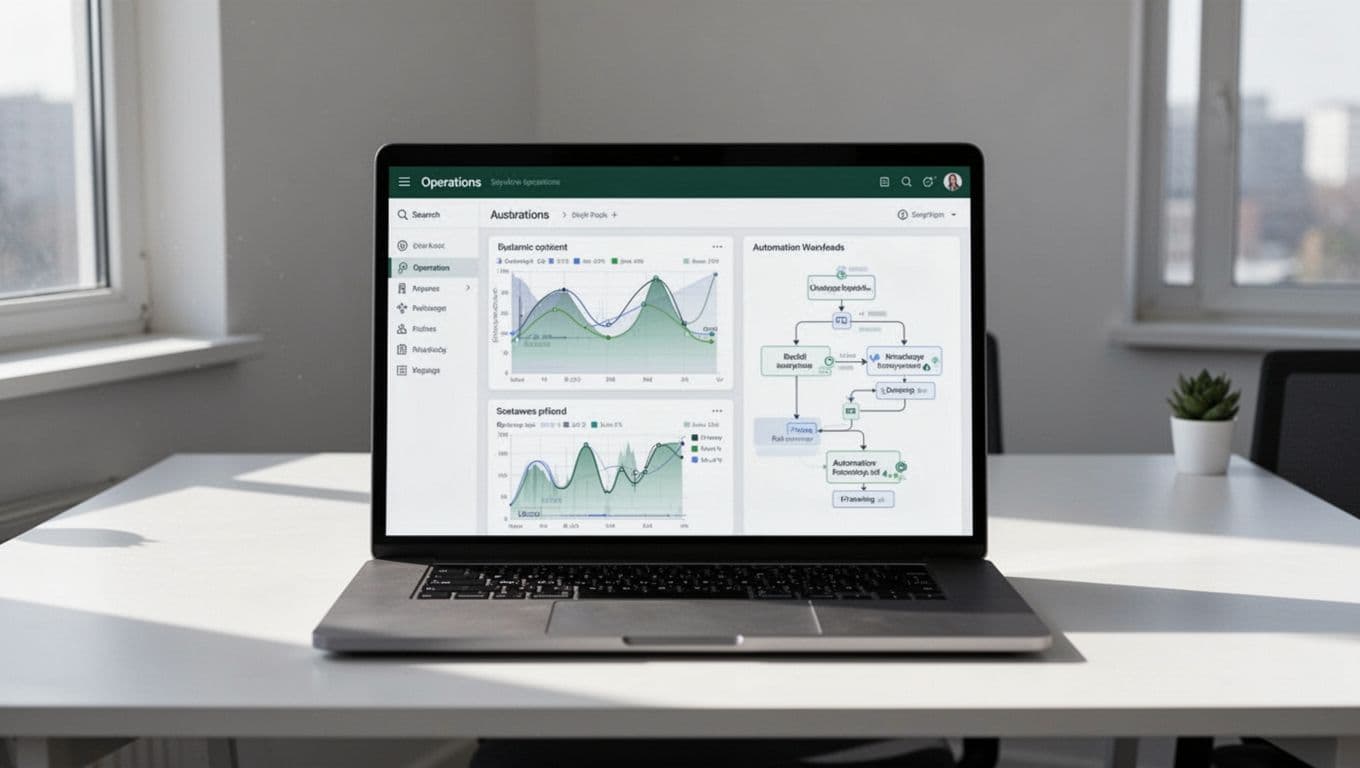 An open laptop on a clean desk shows a software operations dashboard with data feeds.