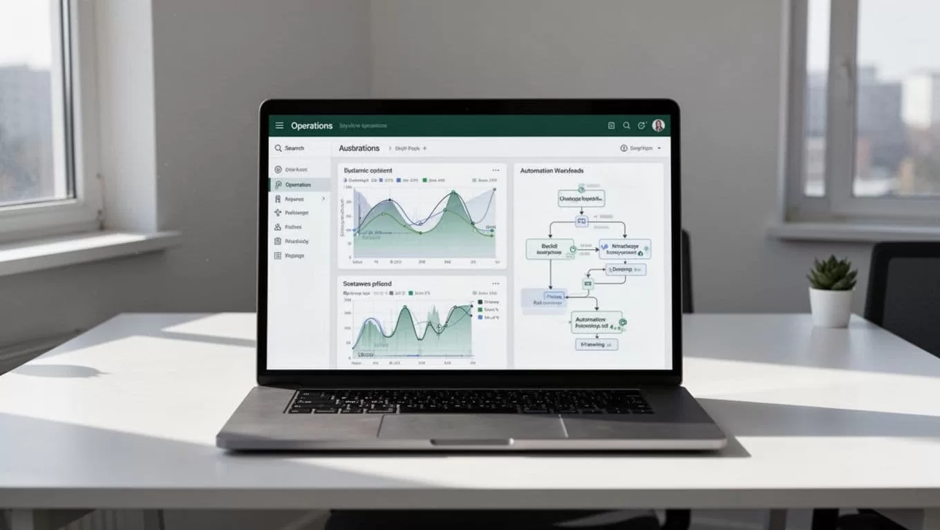 An open laptop on a clean desk shows a software operations dashboard with data feeds.
