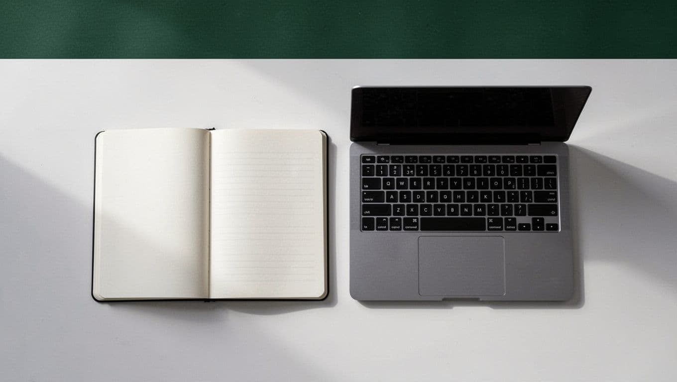 A flat lay of a minimalist desk with a laptop and notebook under a green banner.