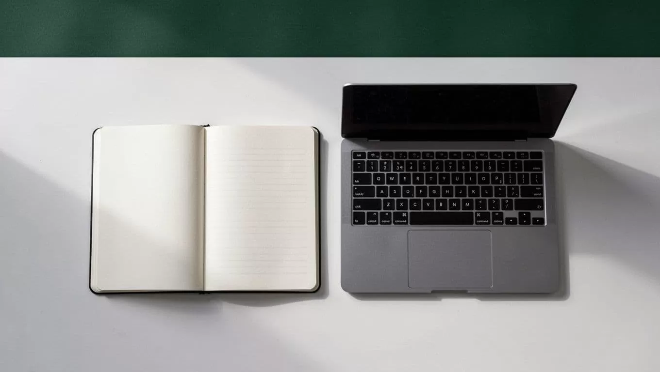 A flat lay of a minimalist desk with a laptop and notebook under a green banner.