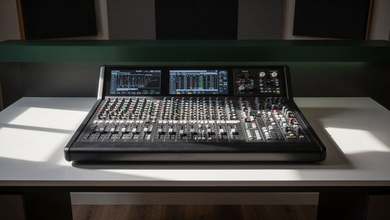 A professional audio mixing console sits on a modern studio desk beneath a dark green headline banner.
