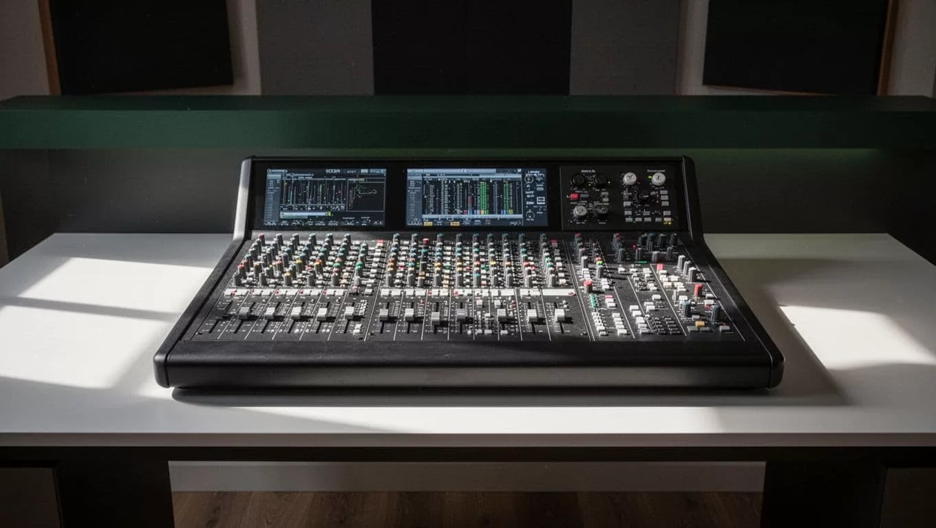 A professional audio mixing console sits on a modern studio desk beneath a dark green headline banner.