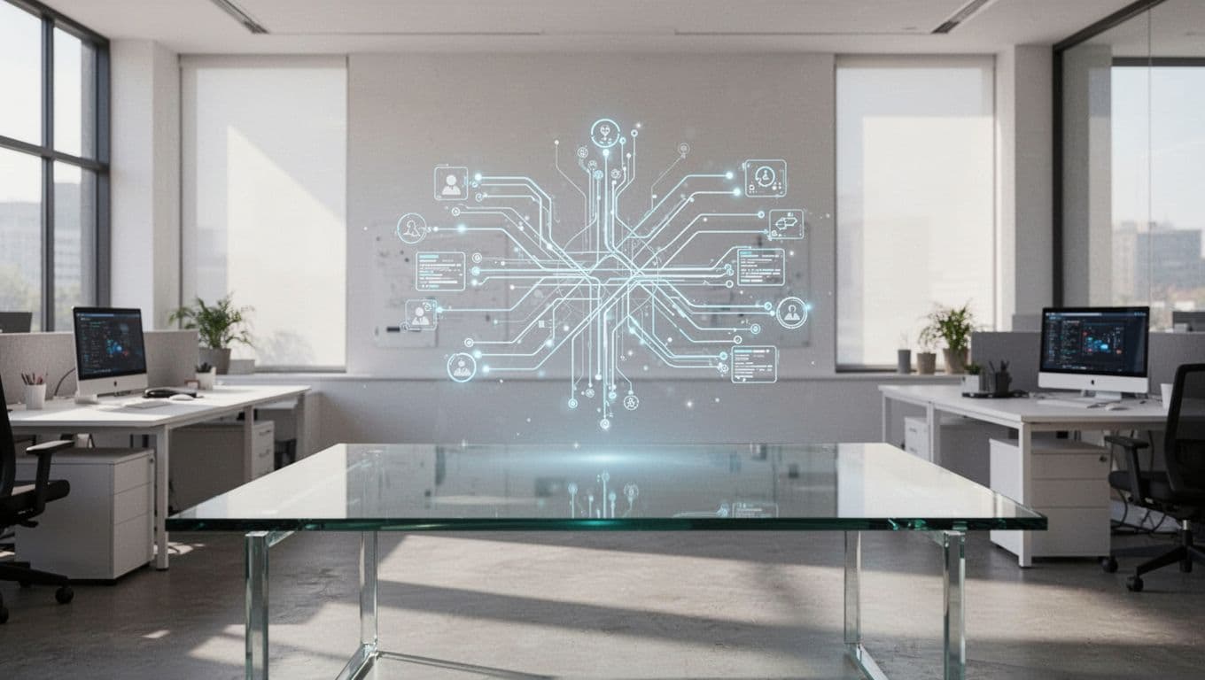 An abstract graphic representing data workflows inside a modern office with a green headline banner.