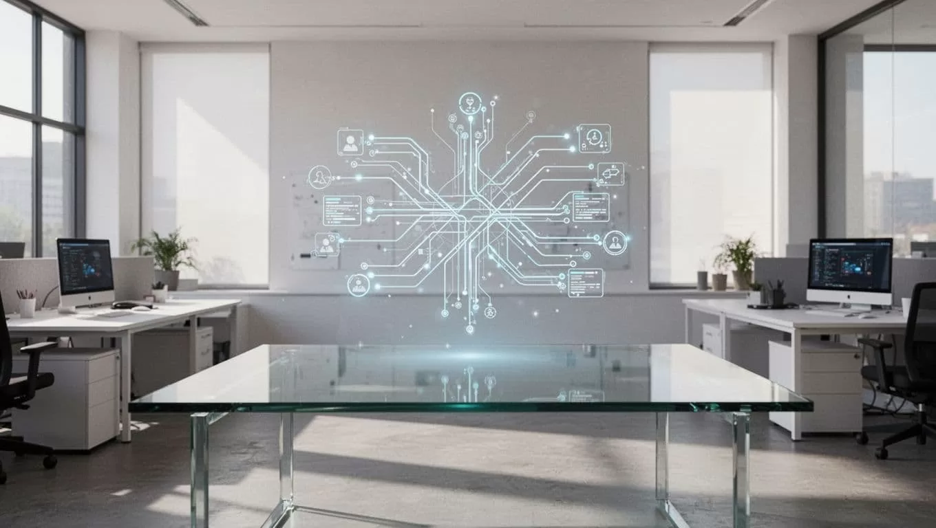 An abstract graphic representing data workflows inside a modern office with a green headline banner.