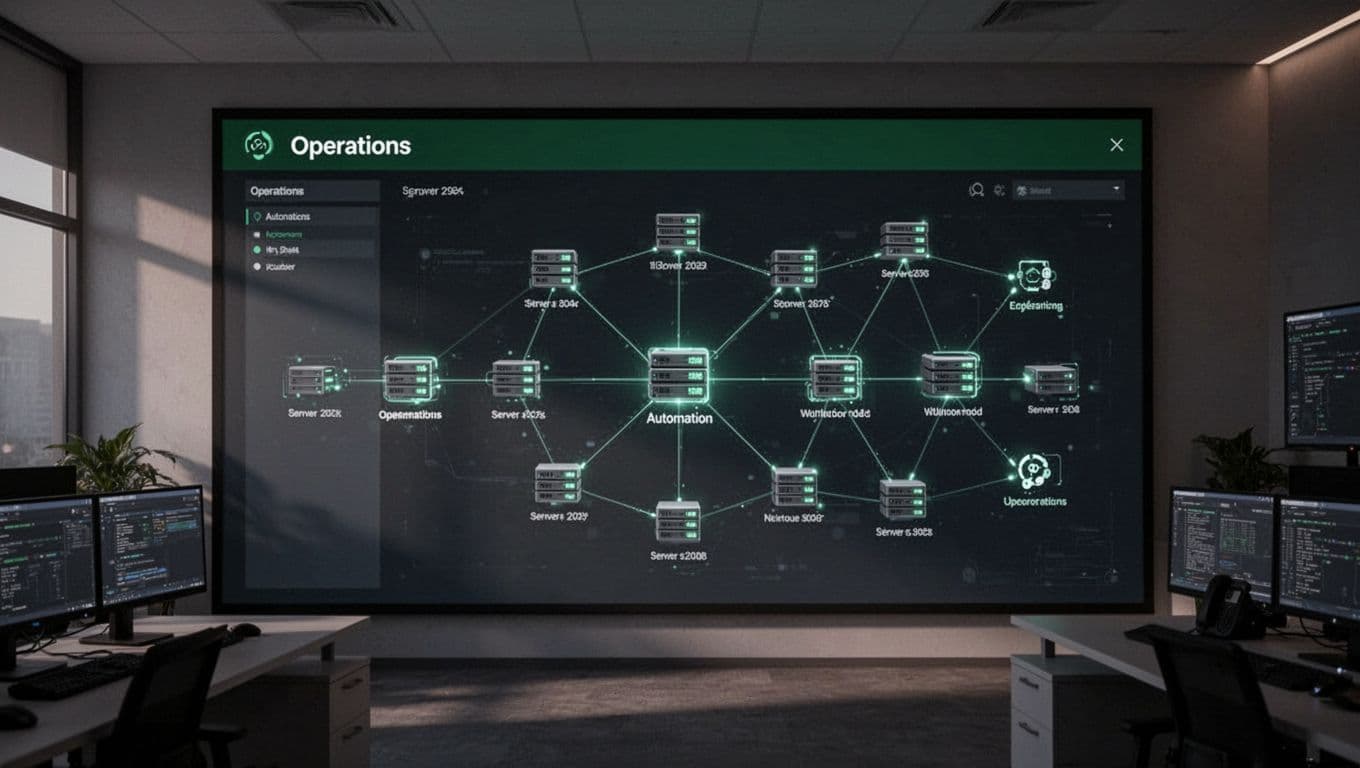 An editorial control dashboard graphic with a dark green headline band and connected automation nodes.