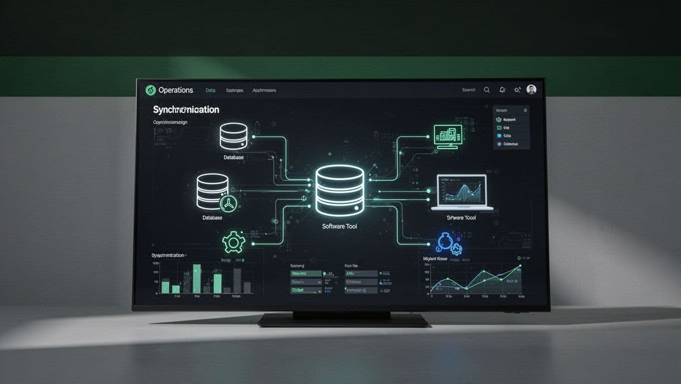 An operations dashboard showing data synchronization lines beneath a dark green band with bold system sync text.
