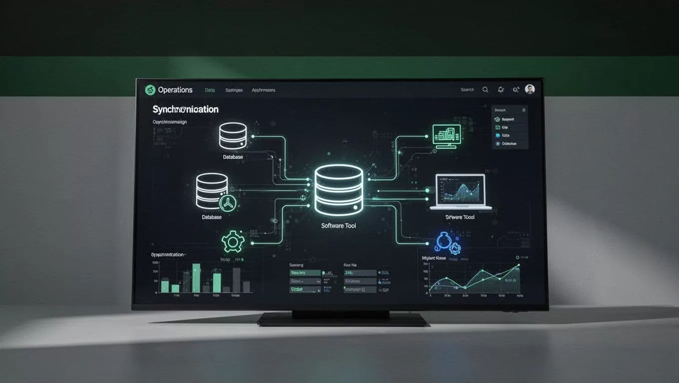 An operations dashboard showing data synchronization lines beneath a dark green band with bold system sync text.