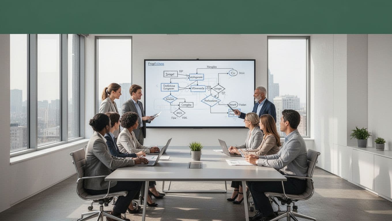 An operations team reviews workflow tasks beneath a dark green header in a minimalist vector graphic.