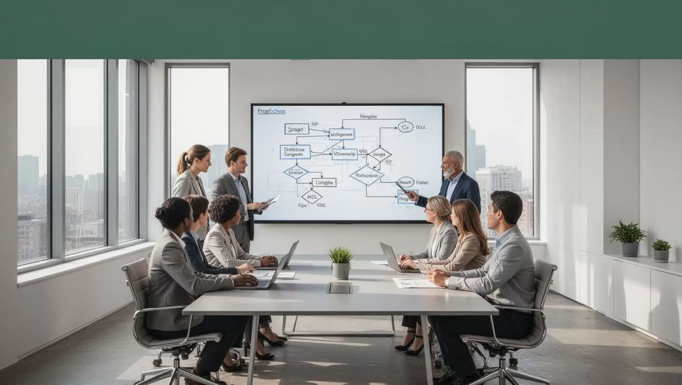 An operations team reviews workflow tasks beneath a dark green header in a minimalist vector graphic.
