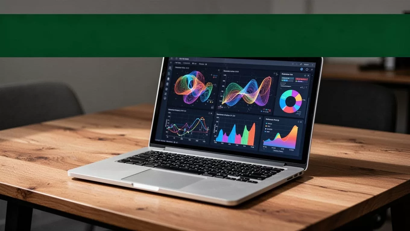 A laptop displaying an analytics dashboard sits on a wooden desk beneath a dark green band.
