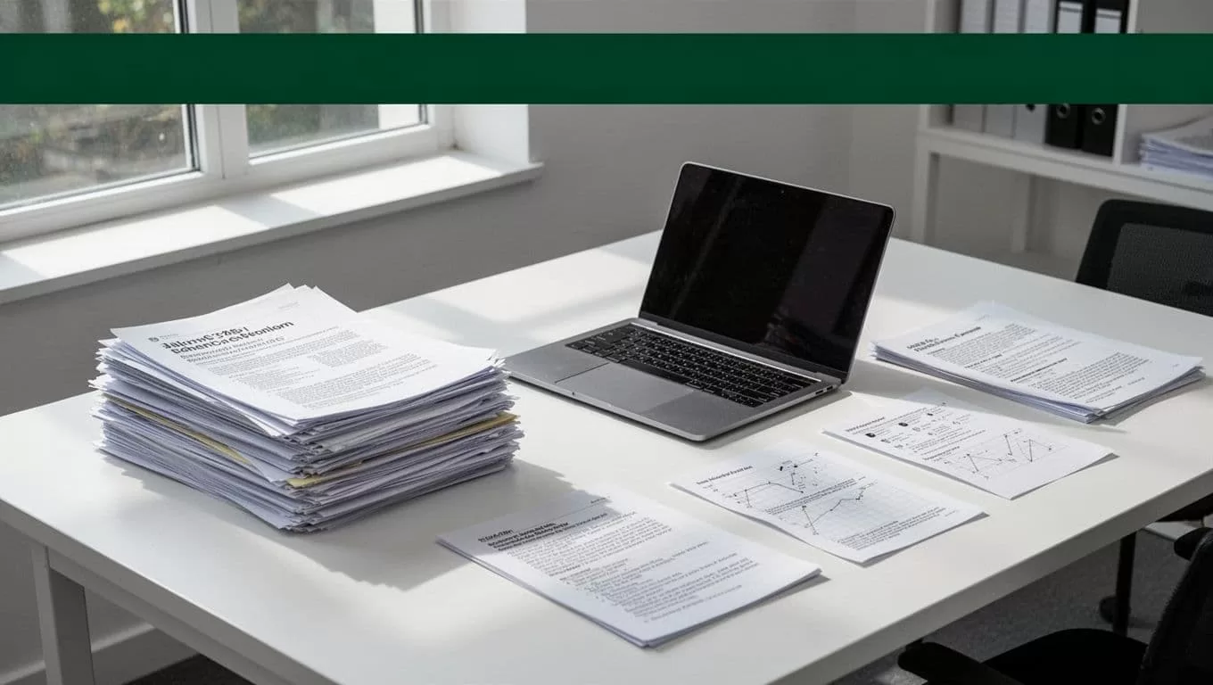 A desk with academic research papers, a laptop, and notes below a dark green headline banner.