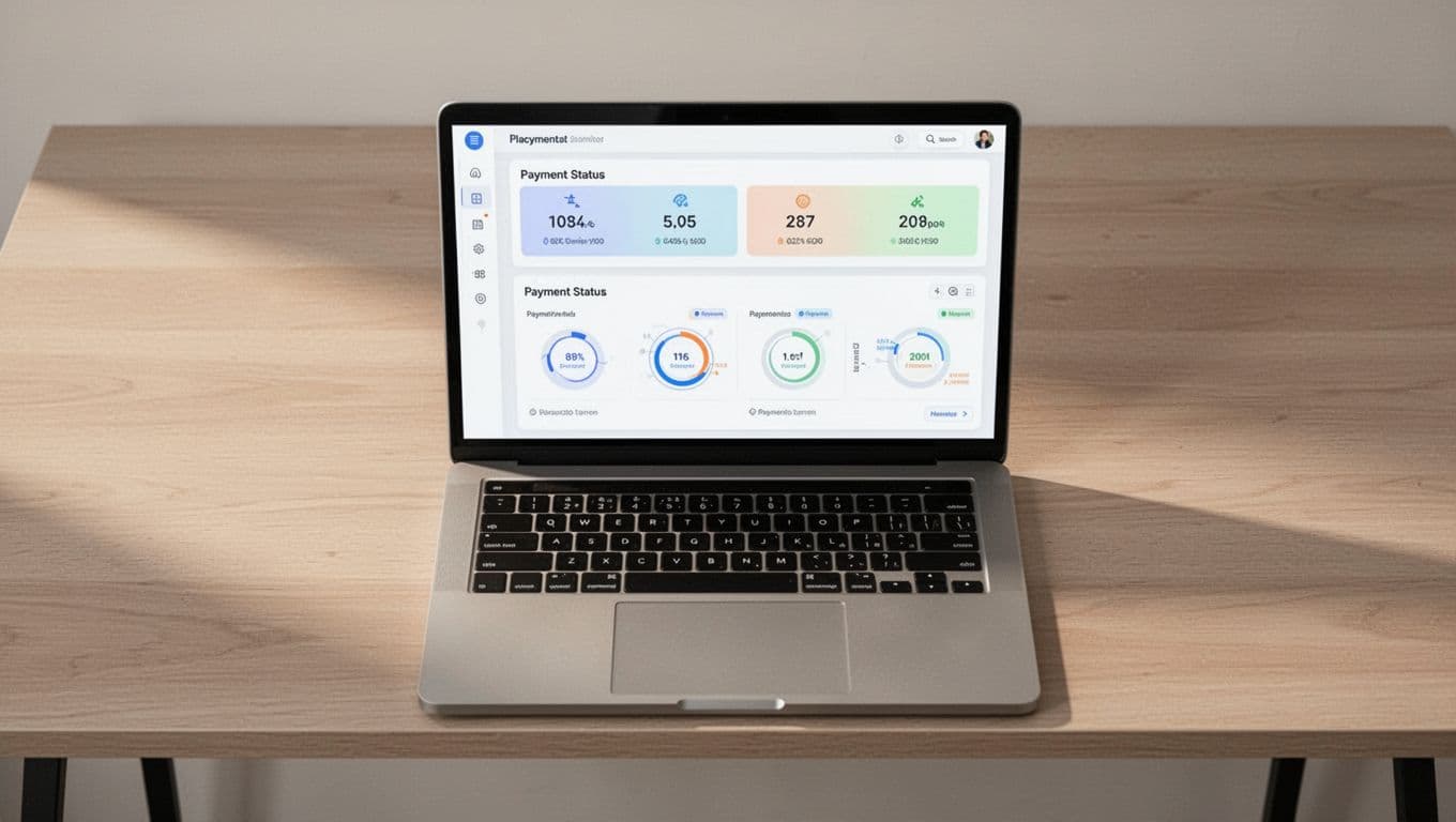 A laptop showing payment status monitors on a minimalist desk.