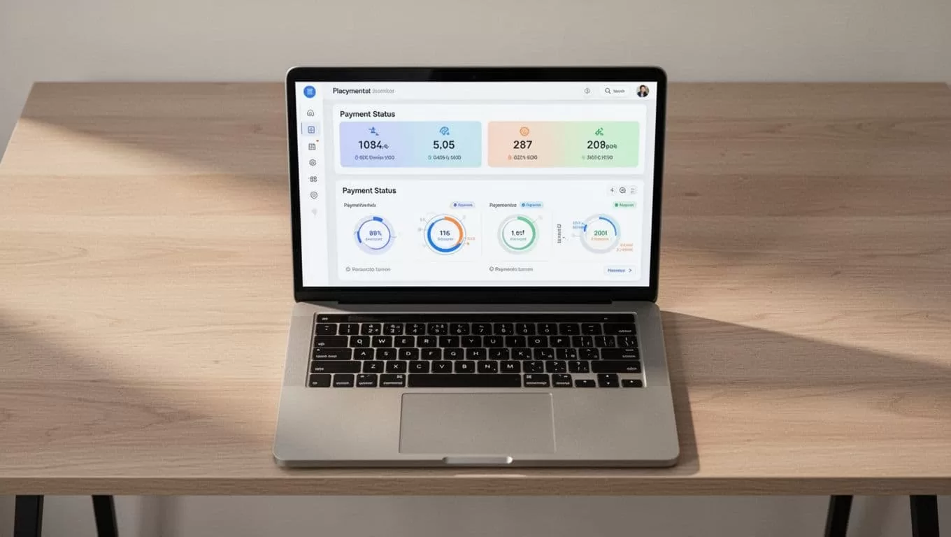 A laptop showing payment status monitors on a minimalist desk.