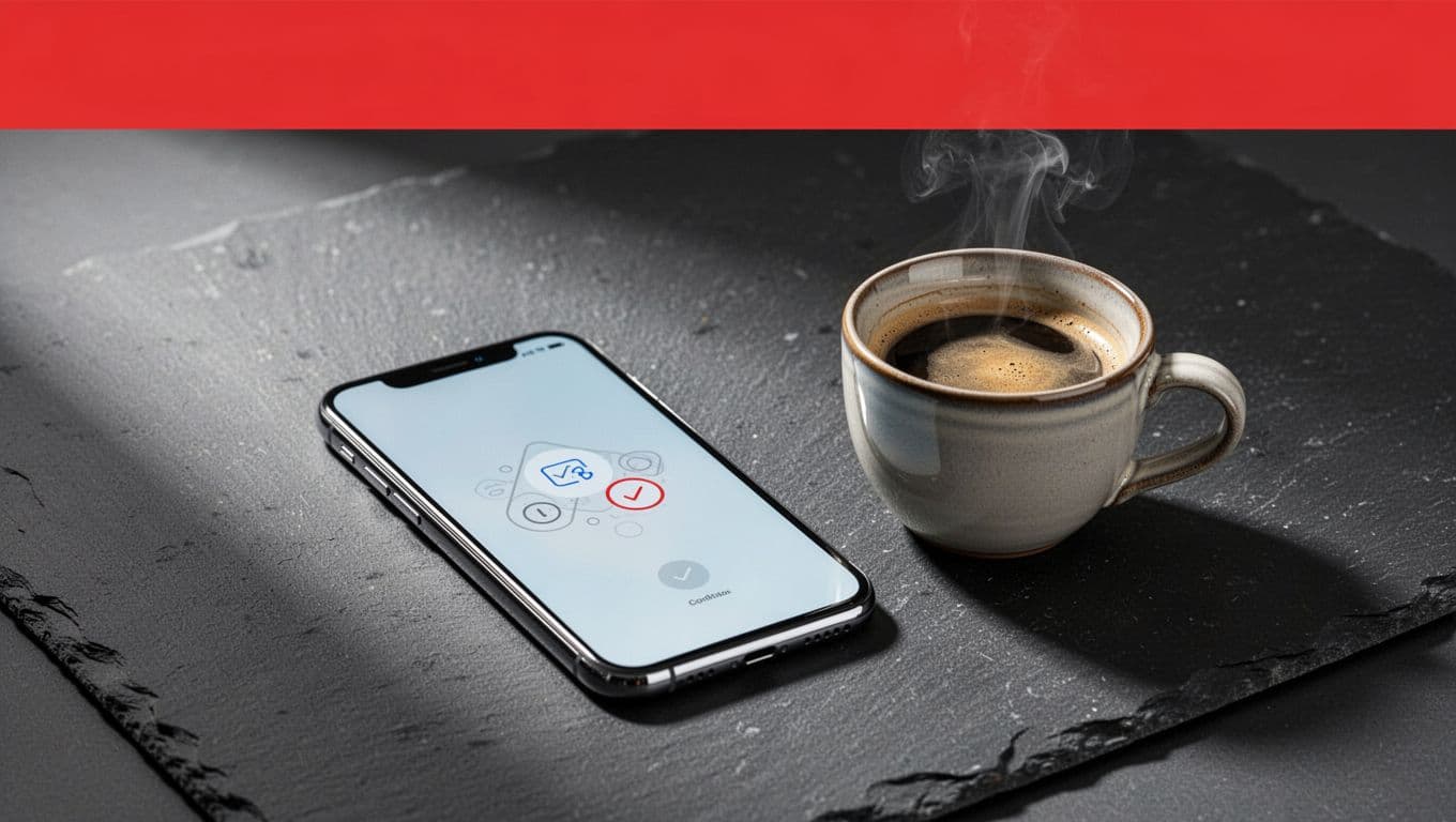 A smartphone showing a payout transfer screen rests on dark slate beside a coffee cup.