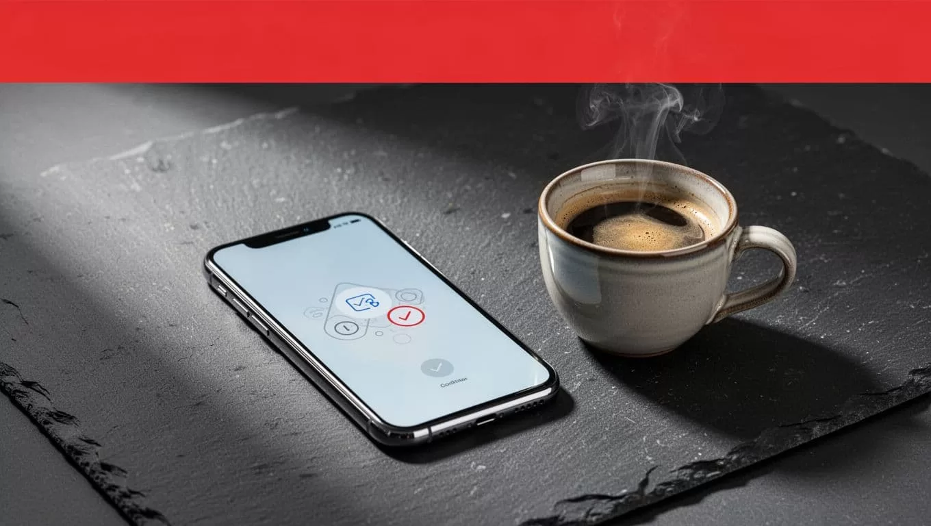 A smartphone showing a payout transfer screen rests on dark slate beside a coffee cup.