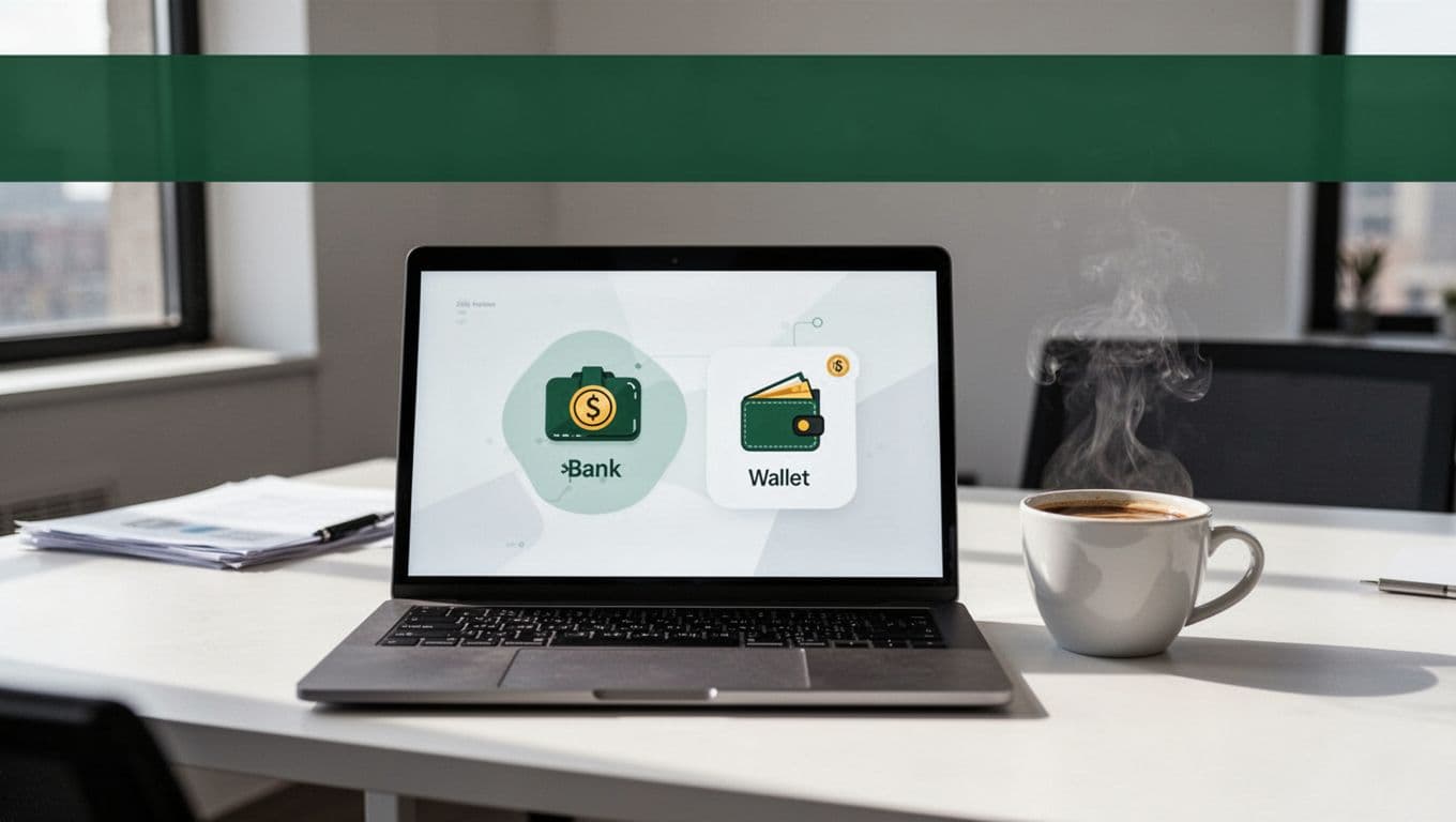 Laptop and coffee cup on a desk beneath a dark-green payout options banner.