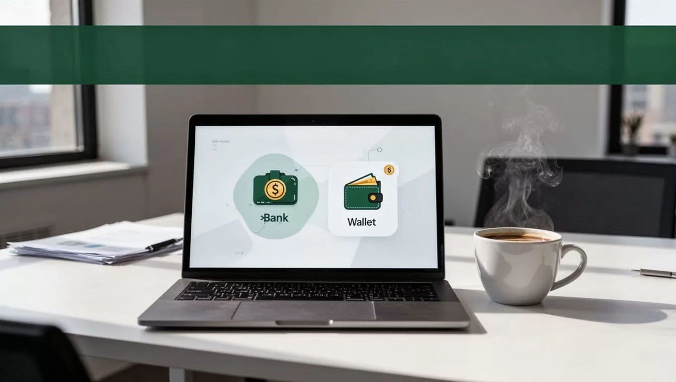 Laptop and coffee cup on a desk beneath a dark-green payout options banner.