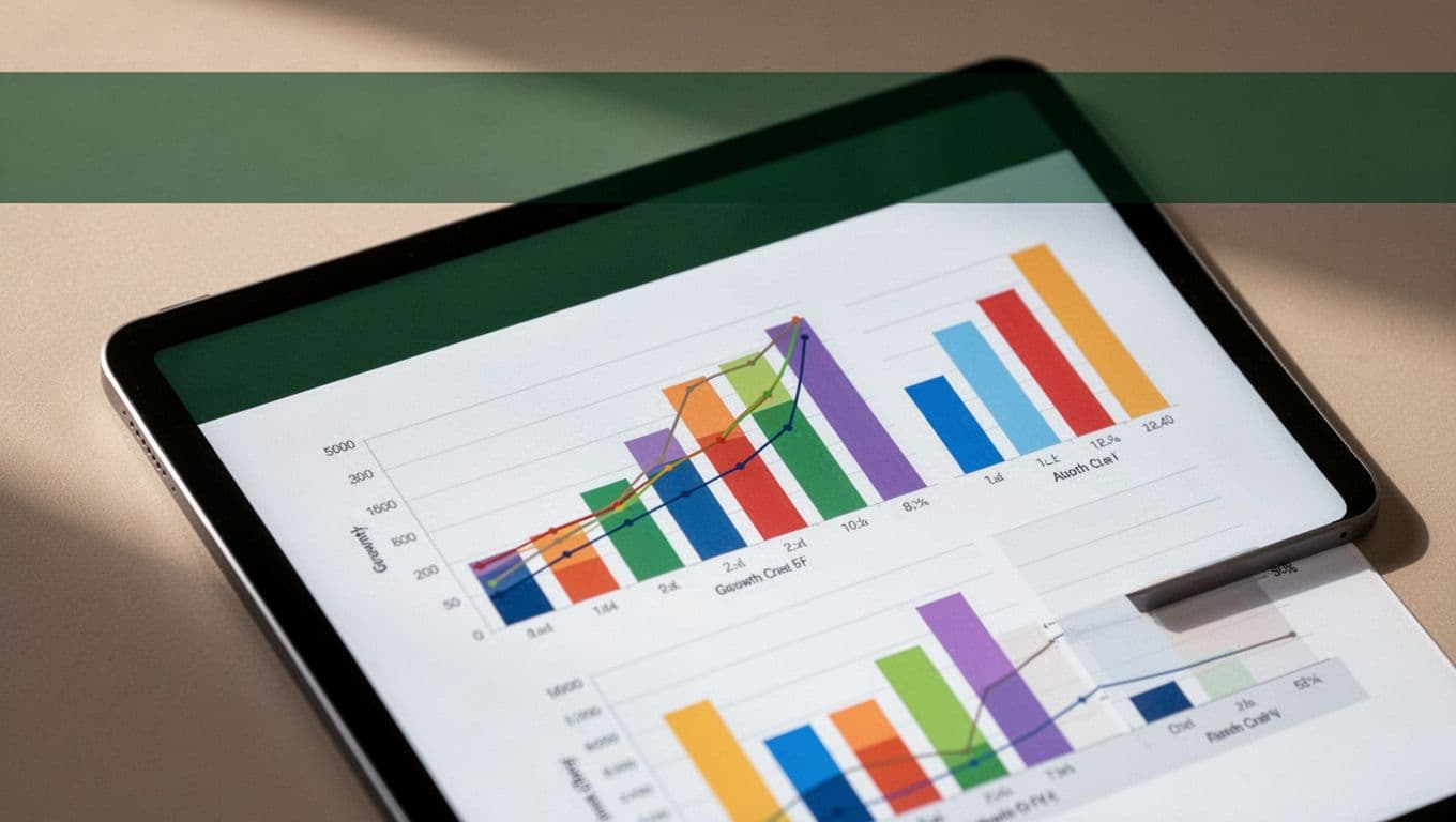 A close-up view of a digital screen displays detailed growth charts against a clean background. A bold white headline sits inside a dark green header band, highlighting key business data trends.