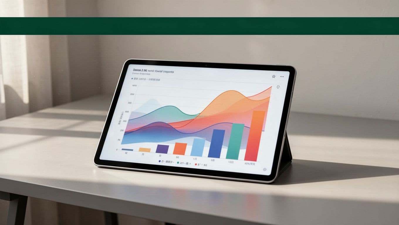 A tablet showing a data analytics chart on a minimalist desk beneath a green heading.