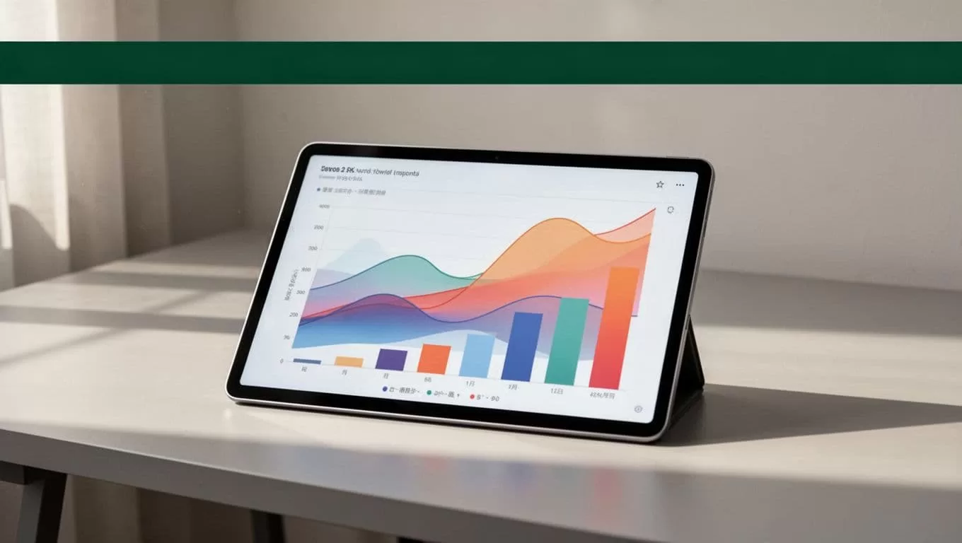 A tablet showing a data analytics chart on a minimalist desk beneath a green heading.