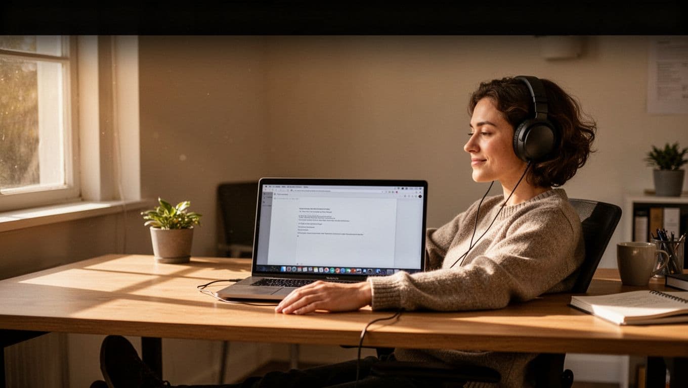 A person focused at a clean desk types on a laptop while wearing headphones. A horizontal dark green banner across the top displays the text Listen Anywhere in bold white letters.