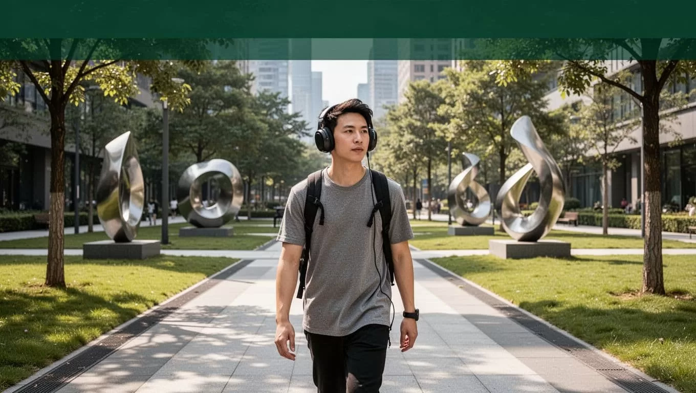 A person walks through a city park while wearing headphones, with a Stay Informed banner at the top.