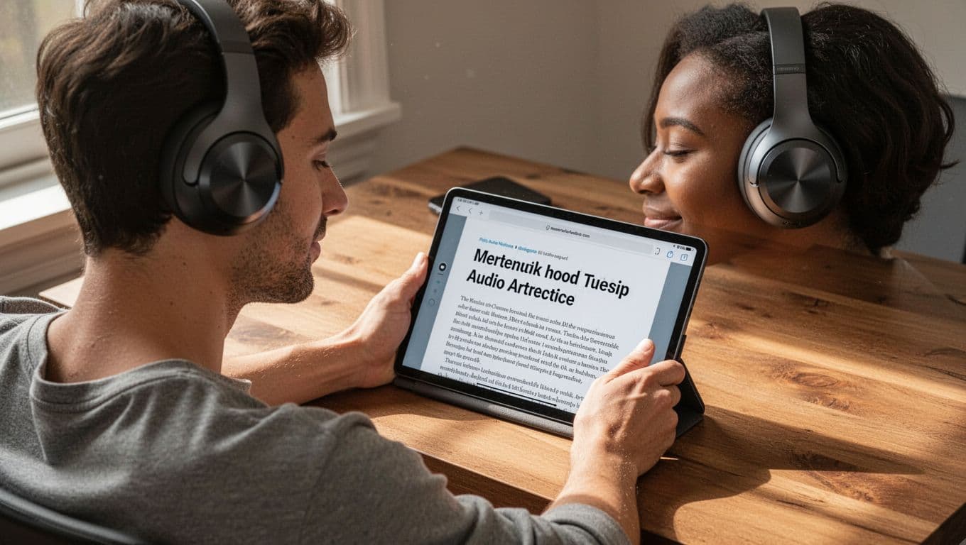 A person with wireless headphones listening to a tablet at a wooden desk.
