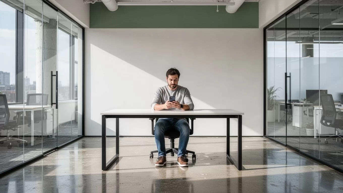 A person using a smartphone in a bright modern office with a green color band.