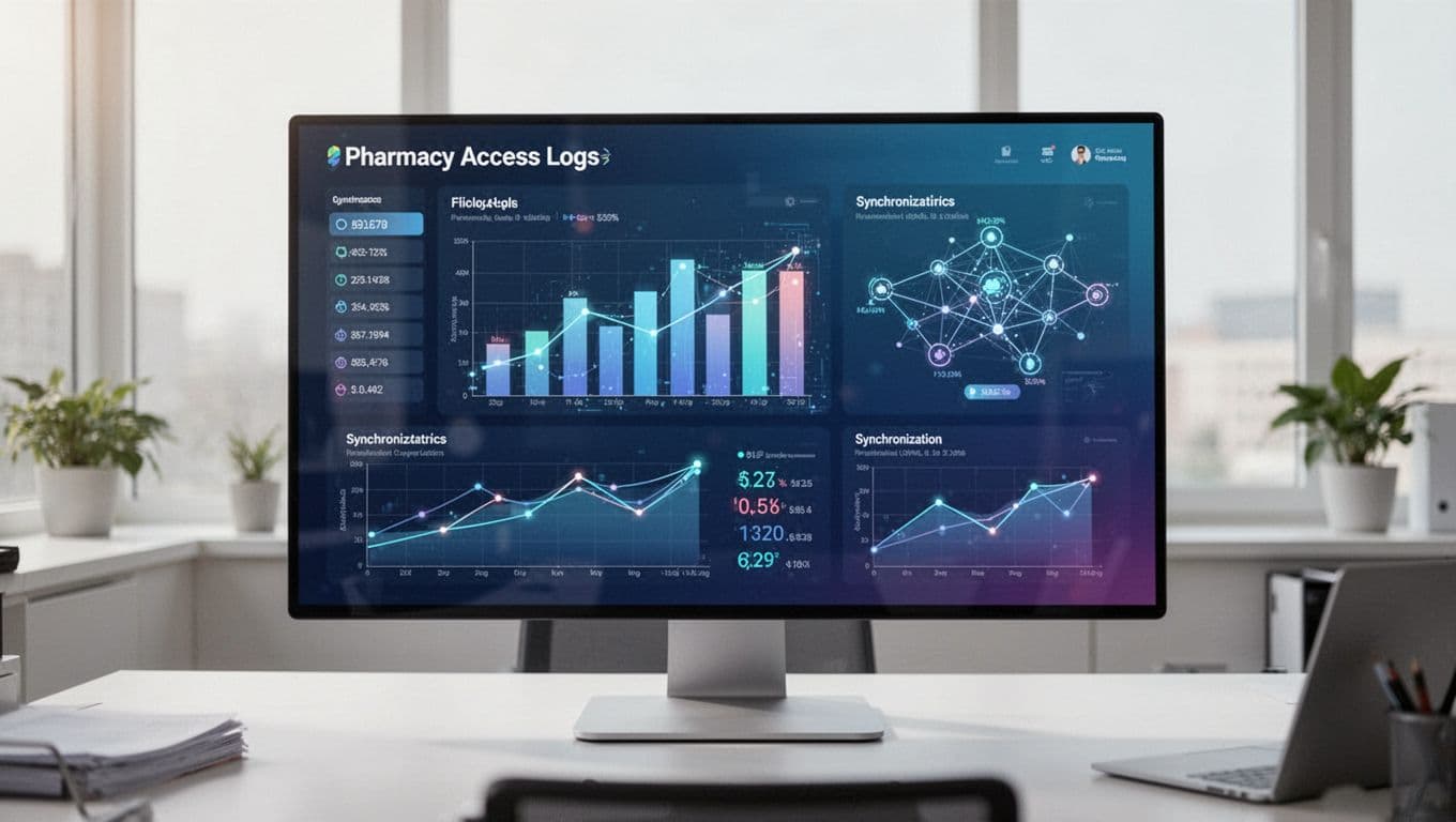 A pharmacy software dashboard displaying access logs and medical record sync metrics.