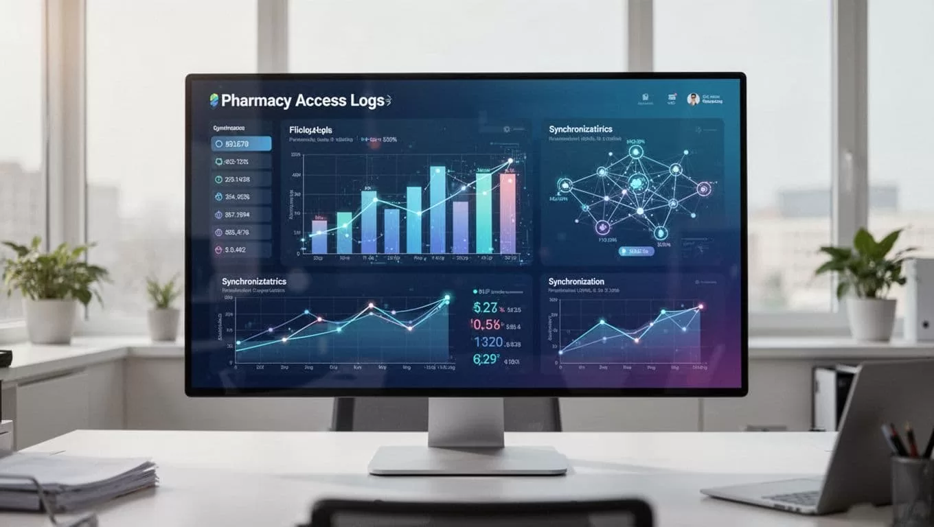 A pharmacy software dashboard displaying access logs and medical record sync metrics.
