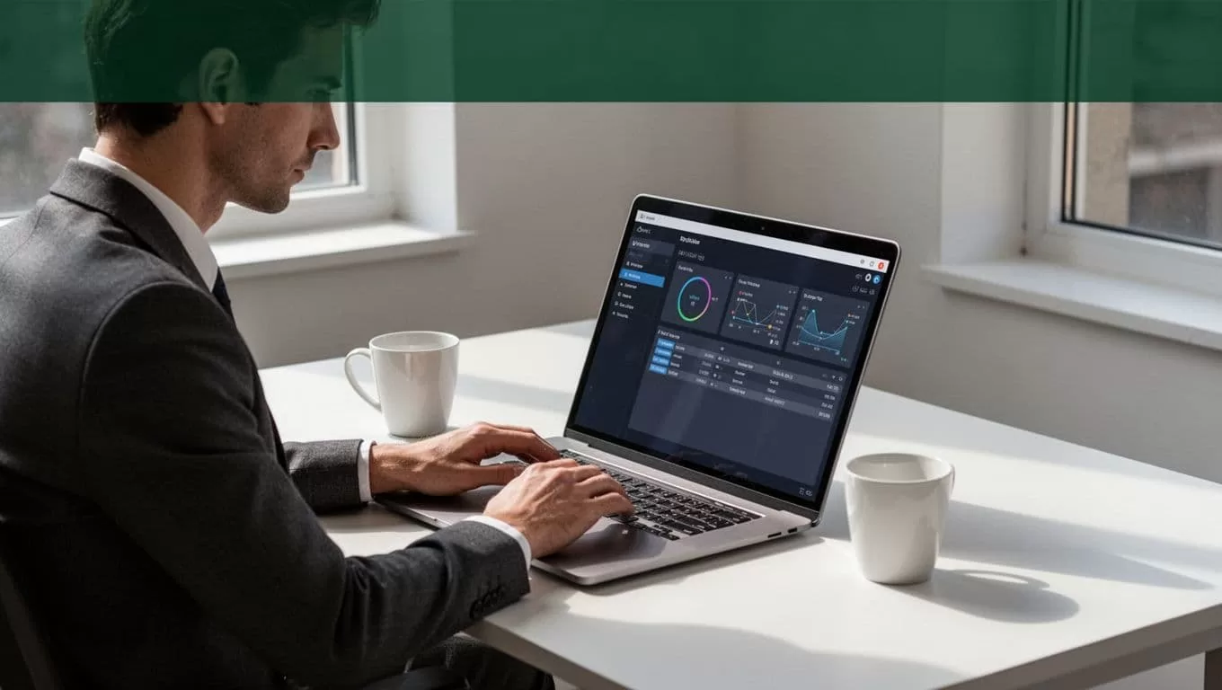 A Pin Automation dashboard sits on a desk beside a laptop and coffee cup.