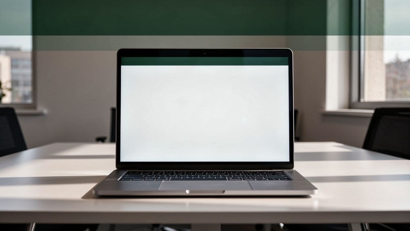 A laptop on a clean desk with a dark green banner and text at the top.