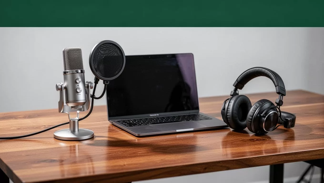 A wooden desk features a high-end studio microphone, a modern laptop, and professional audio headphones. A bold dark-green header strip displays the white text Podcast Agency Setup against the wall background.
