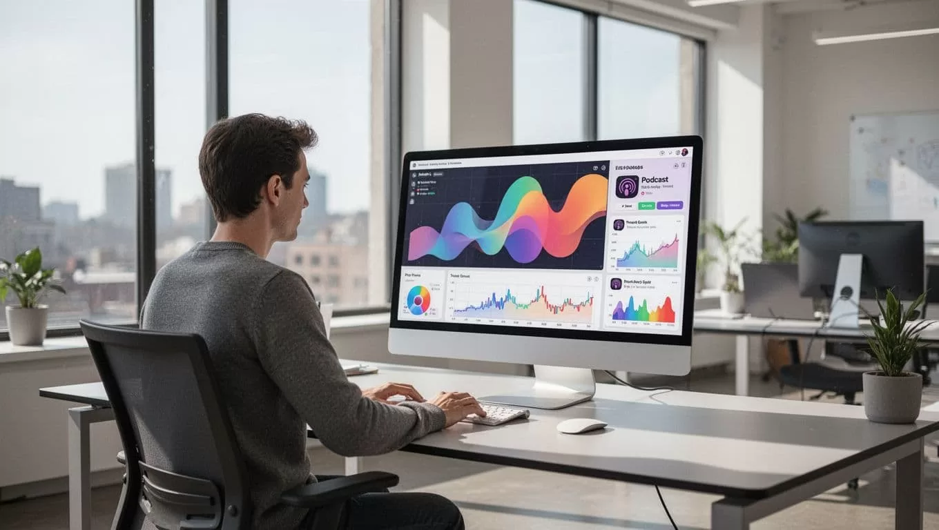 A professional desk setup features a computer monitor displaying vibrant data charts and podcast trends. A person sits focused while sunlight softly illuminates the modern office space during the workday.