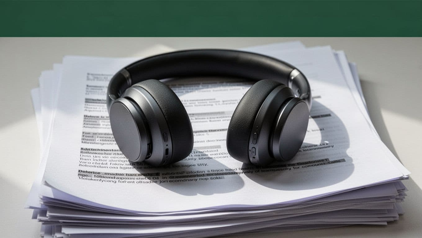 Modern headphones sitting on a pile of digital files with a dark green label marked Audio Podcasts.