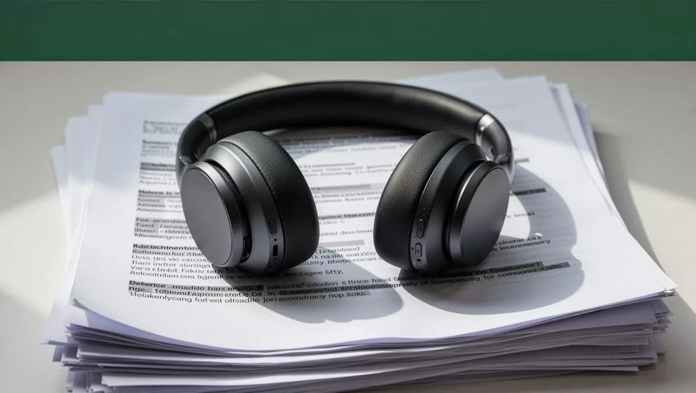 Modern headphones sitting on a pile of digital files with a dark green label marked Audio Podcasts.