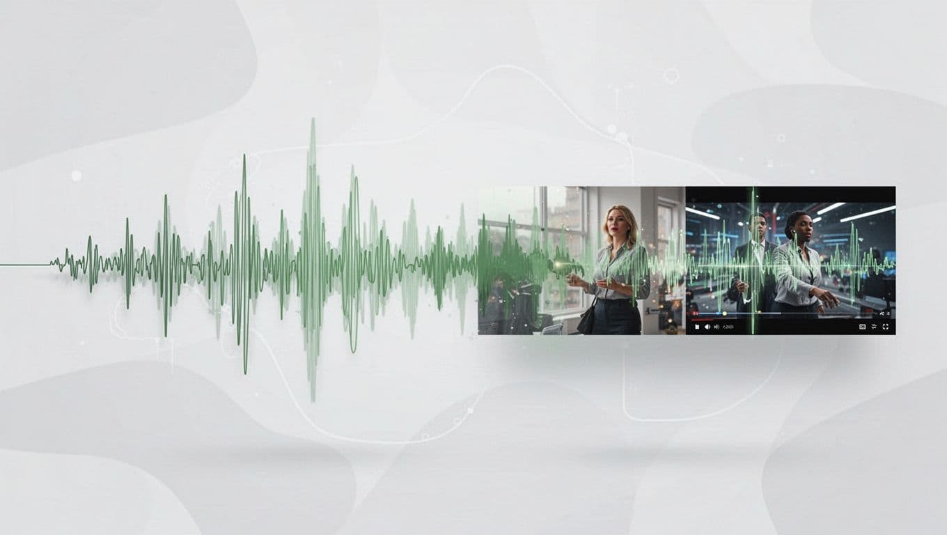 A sleek technical illustration features a flowing audio waveform that gradually transforms into a miniature video frame. The layout includes a bold dark green header bar against a crisp white background.
