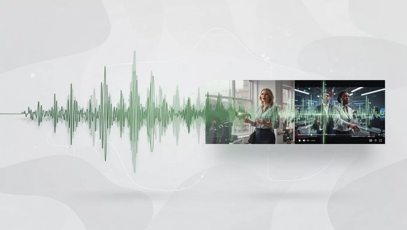 A sleek technical illustration features a flowing audio waveform that gradually transforms into a miniature video frame. The layout includes a bold dark green header bar against a crisp white background.
