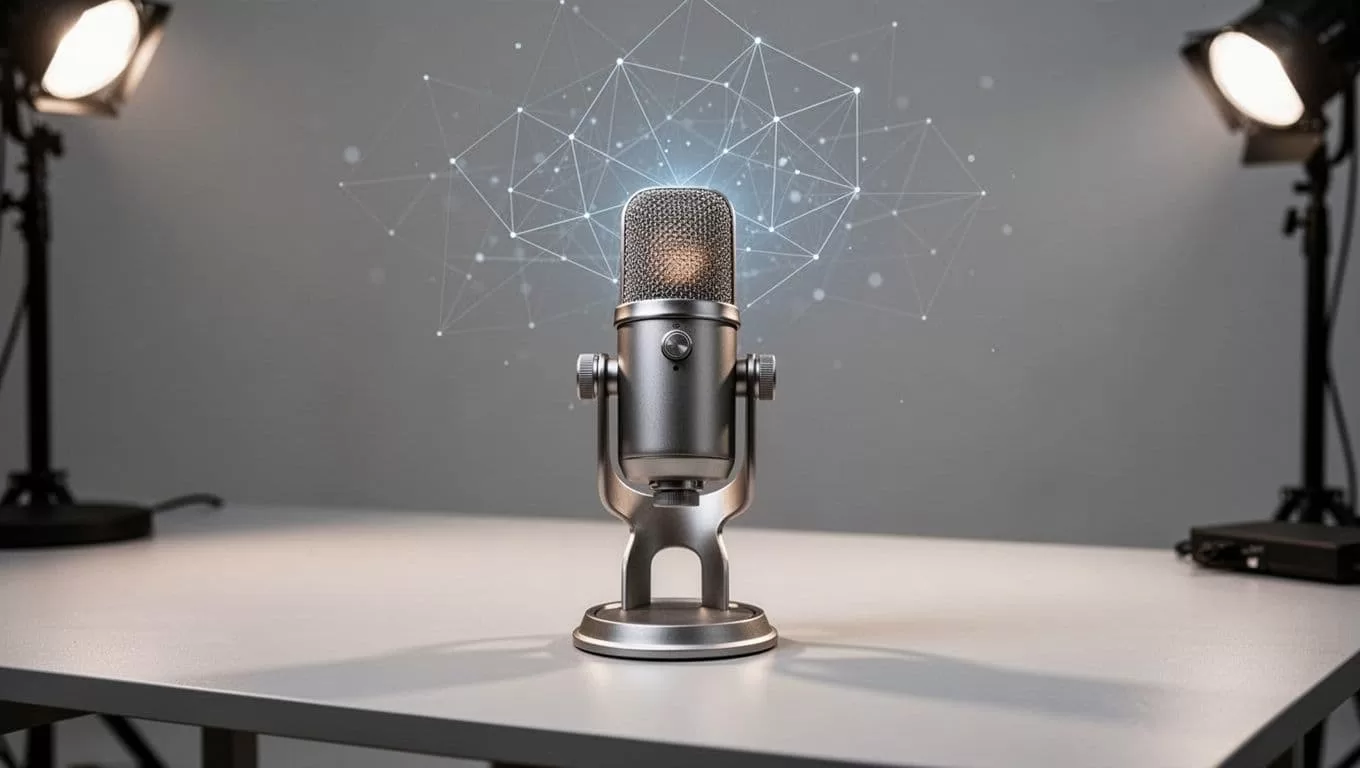 A sleek studio microphone sits on a clean desk surface under soft lighting. A prominent dark green horizontal header with bold white text overlays the top, emphasizing professional content automation systems.