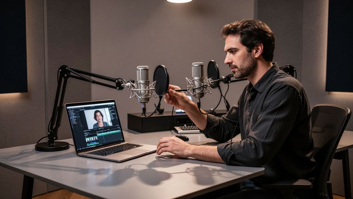 A focused creator operates a sleek laptop displaying video editing software while seated beside high-quality studio microphones. The modern, minimalist room features cinematic lighting that highlights the professional audio recording gear.