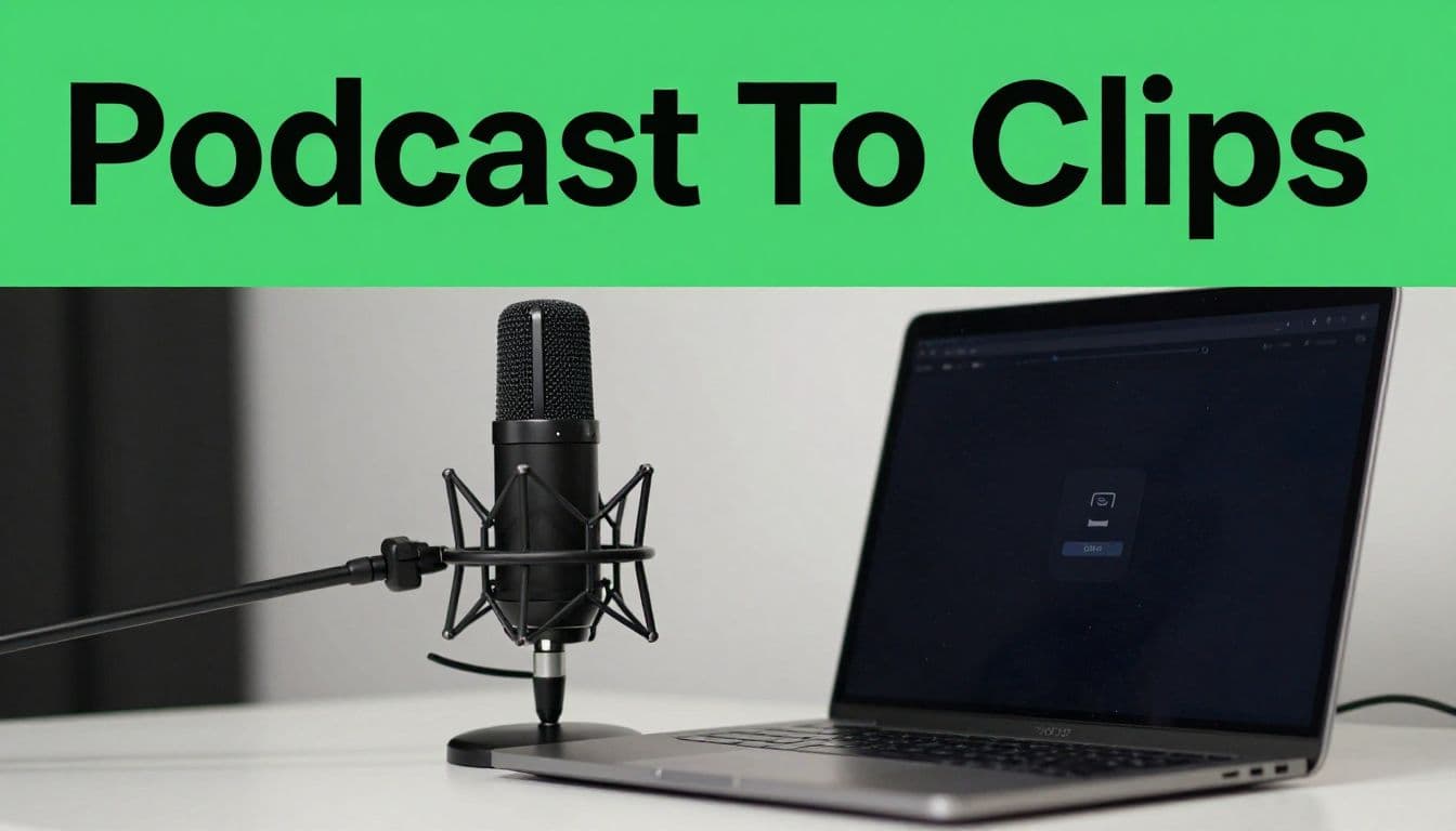 A sleek studio desk features a premium microphone and open laptop under soft ambient lighting. A bold green header banner displays the text Podcast To Clips at the very top edge.