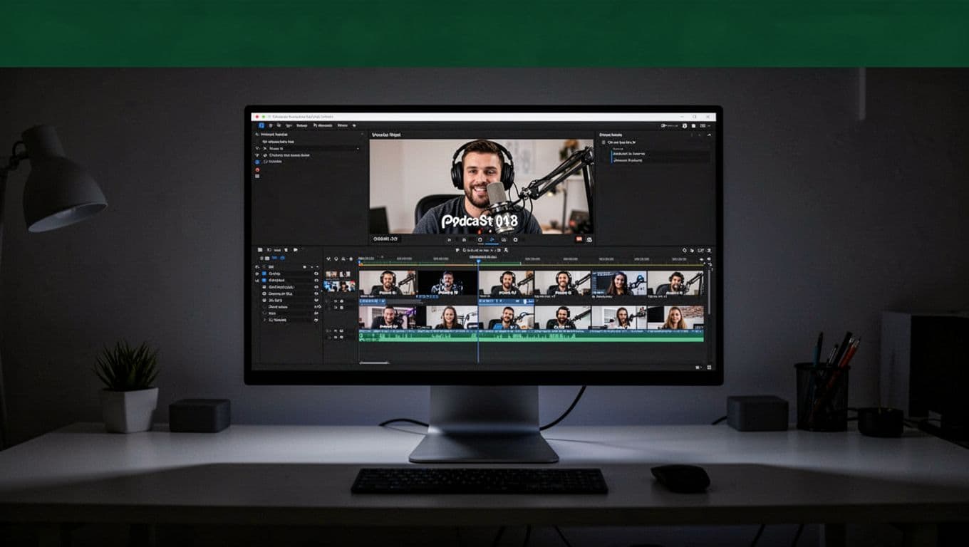 A dark, dimly lit studio room features a computer monitor displaying a complex video editing timeline. A prominent bold white banner at the top reads Podcast Clip Strategy against green.