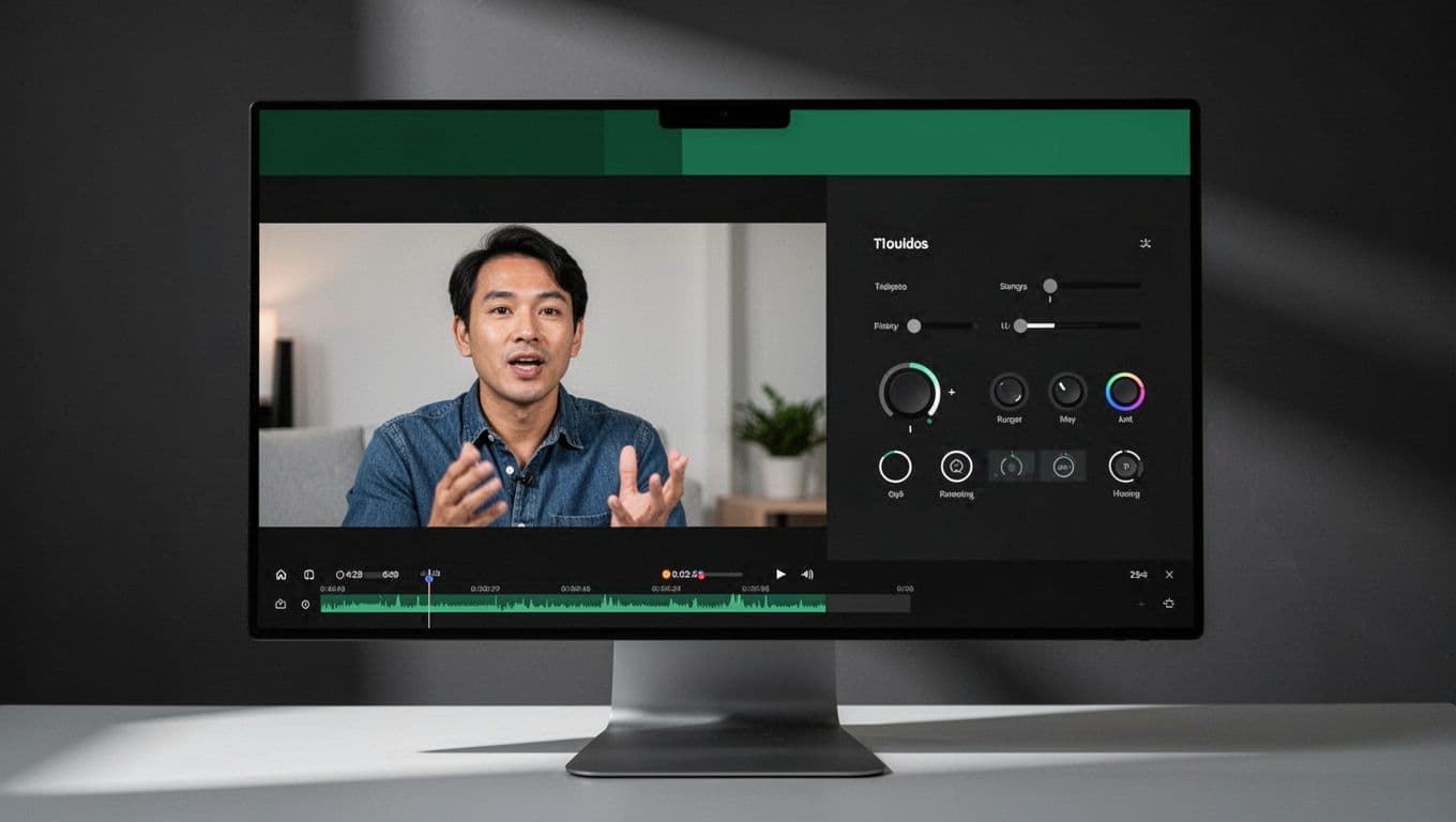 The dashboard displays a video feed of a person speaking alongside a modular control panel. A dark green header clearly marks the software workspace, highlighting efficient tools for content repurposing.